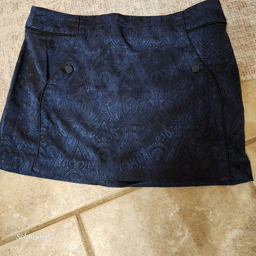 Bebe Womens Navy Blue Black Paisley Brocade Mini Skirt Metallic Pockets Size 6